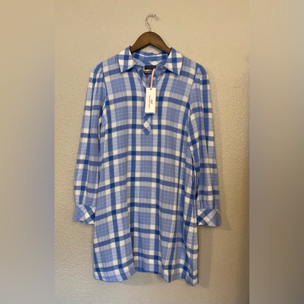 NWT Small Vineyard Vines Plaid Long Sleeve Cotton Blend Popover Dress